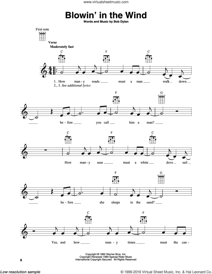 Blowin' In The Wind sheet music for banjo solo by Bob Dylan and Peter, Paul & Mary, intermediate skill level