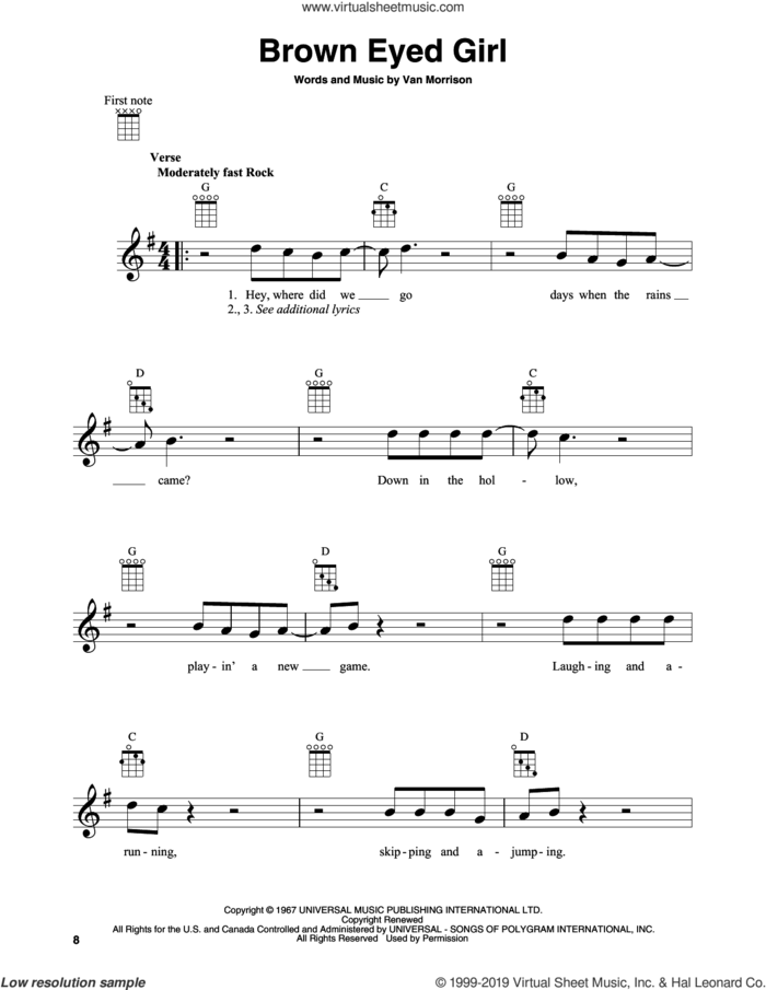 Brown Eyed Girl sheet music for banjo solo by Van Morrison, intermediate skill level