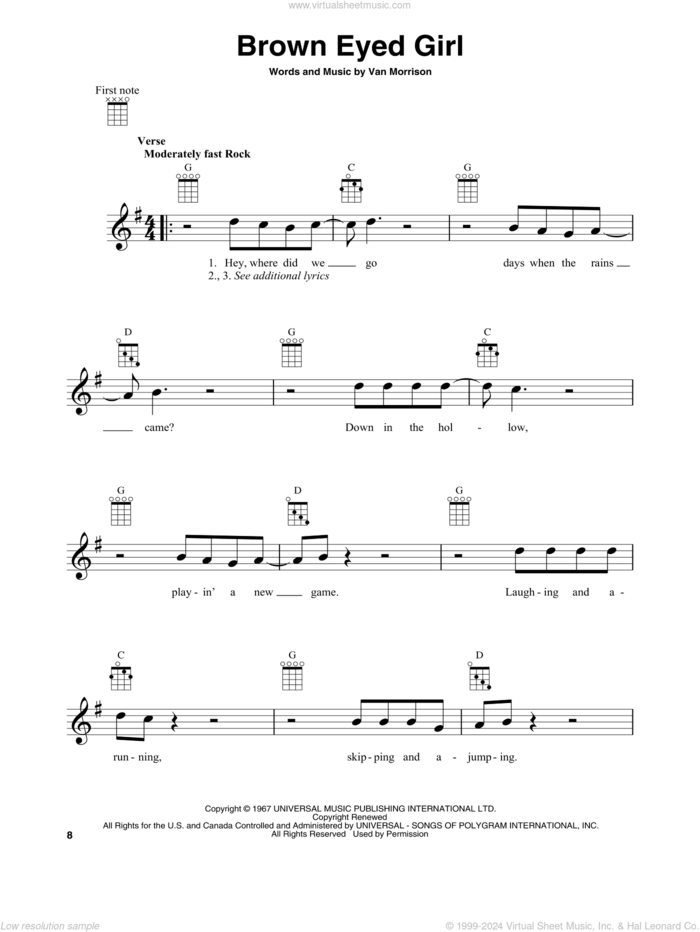 Brown Eyed Girl sheet music for banjo solo by Van Morrison, intermediate skill level