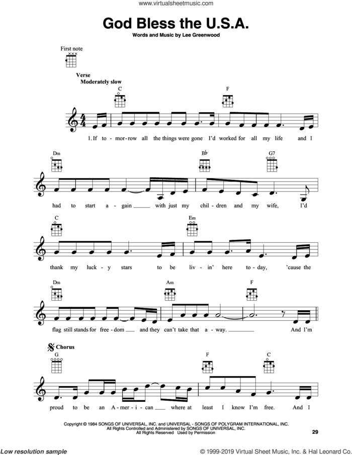 God Bless The U.S.A. sheet music for banjo solo by Lee Greenwood, intermediate skill level