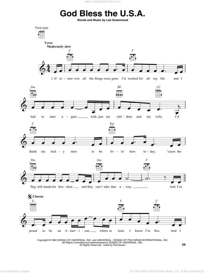 God Bless The U.S.A. sheet music for banjo solo by Lee Greenwood, intermediate skill level