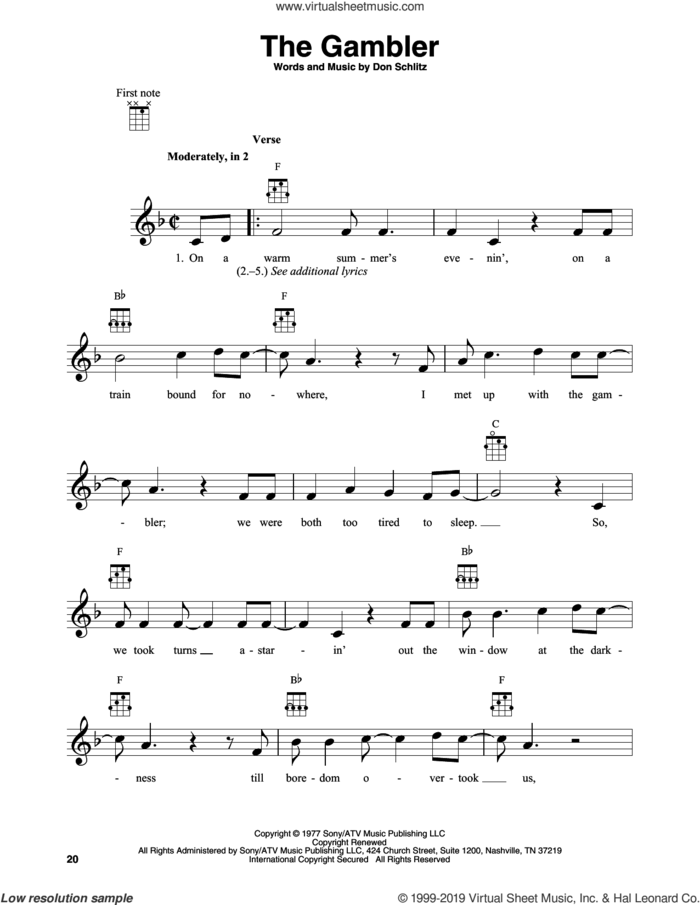 The Gambler sheet music for banjo solo by Kenny Rogers and Don Schlitz, intermediate skill level