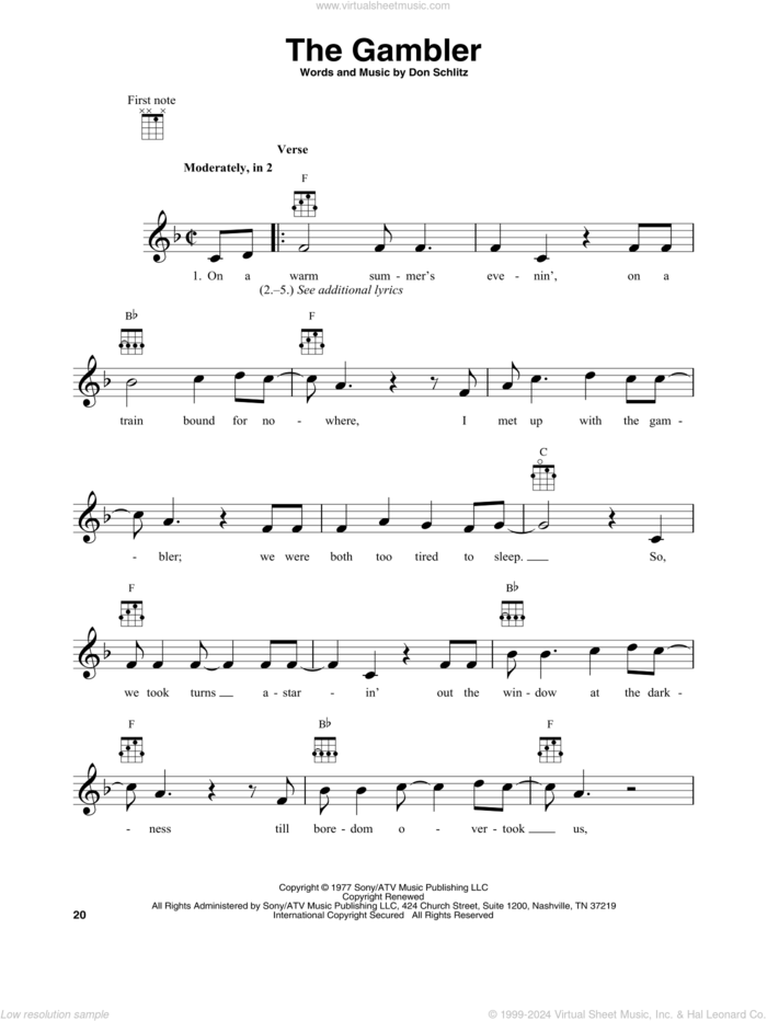 The Gambler sheet music for banjo solo by Kenny Rogers and Don Schlitz, intermediate skill level