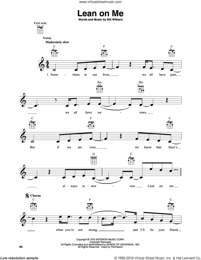 Lean On Me sheet music for banjo solo by Bill Withers, intermediate skill level