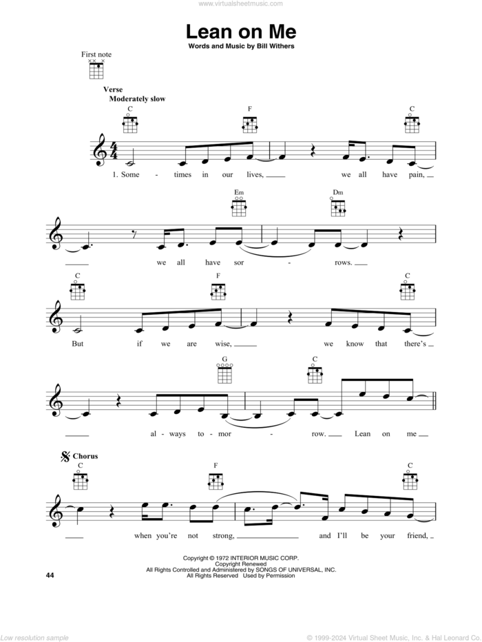 Lean On Me sheet music for banjo solo by Bill Withers, intermediate skill level