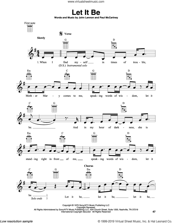 Let It Be sheet music for banjo solo by The Beatles, Kris Allen, John Lennon and Paul McCartney, intermediate skill level
