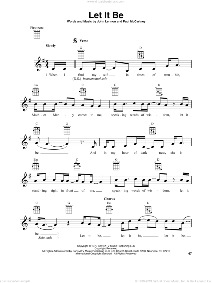 Let It Be sheet music for banjo solo by The Beatles, Kris Allen, John Lennon and Paul McCartney, intermediate skill level