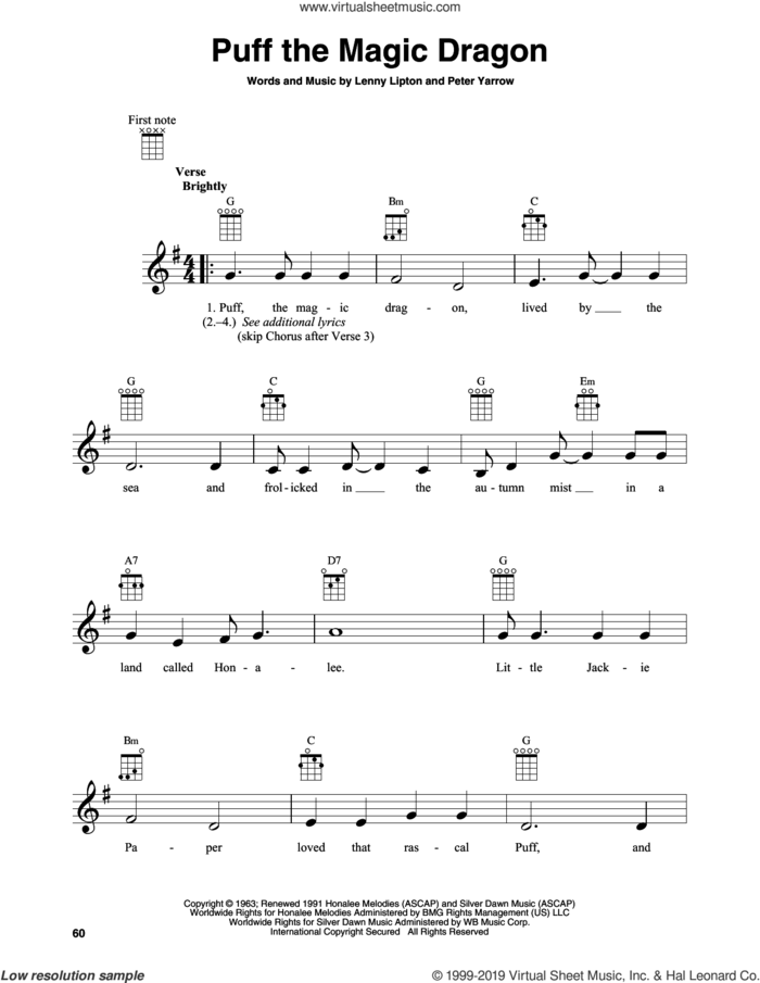 Puff The Magic Dragon sheet music for banjo solo by Peter, Paul & Mary, Lenny Lipton and Peter Yarrow, intermediate skill level