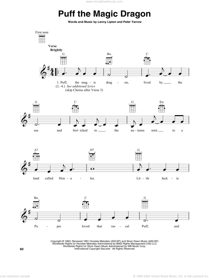 Puff The Magic Dragon sheet music for banjo solo by Peter, Paul & Mary, Lenny Lipton and Peter Yarrow, intermediate skill level