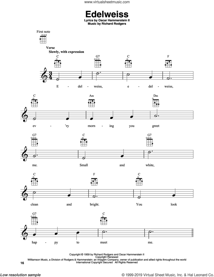 Edelweiss sheet music for banjo solo by Rodgers & Hammerstein, Oscar II Hammerstein and Richard Rodgers, intermediate skill level