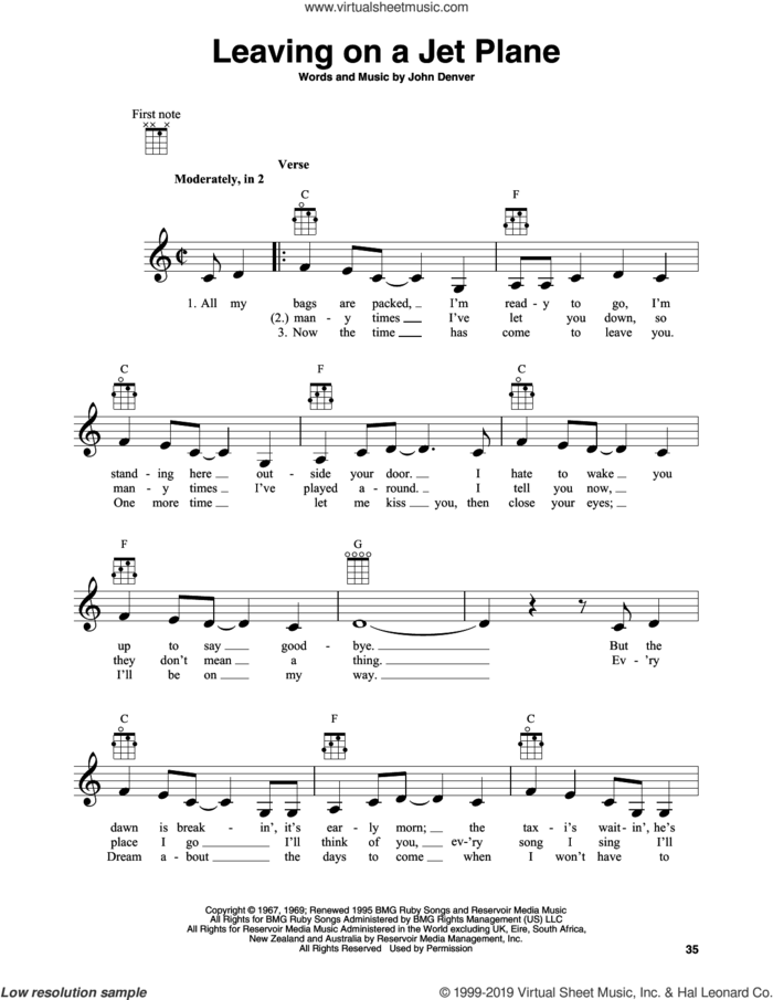 Leaving On A Jet Plane sheet music for banjo solo by John Denver and Peter, Paul & Mary, intermediate skill level