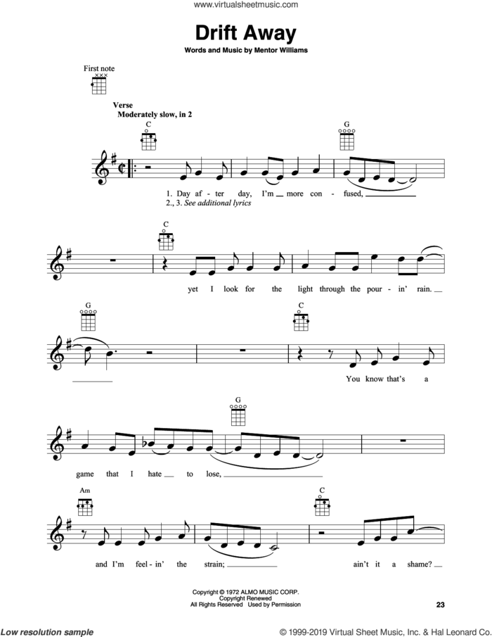 Drift Away sheet music for banjo solo by Dobie Gray and Mentor Williams, intermediate skill level
