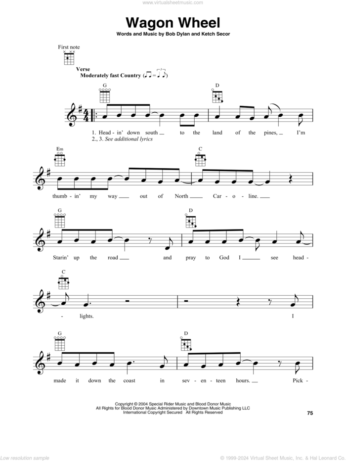 Wagon Wheel sheet music for banjo solo by Boby Dylan and Ketch Secor, intermediate skill level