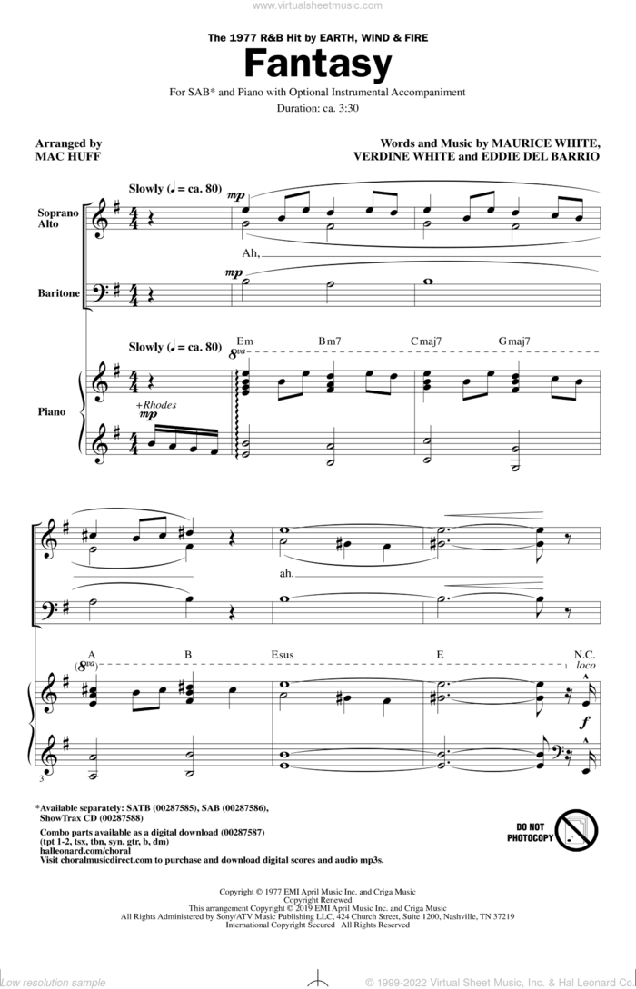 Fantasy (arr. Mac Huff) sheet music for choir (SAB: soprano, alto, bass) by Earth, Wind & Fire, Mac Huff, Eddie Del Barrio, Maurice White and Verdine White, intermediate skill level