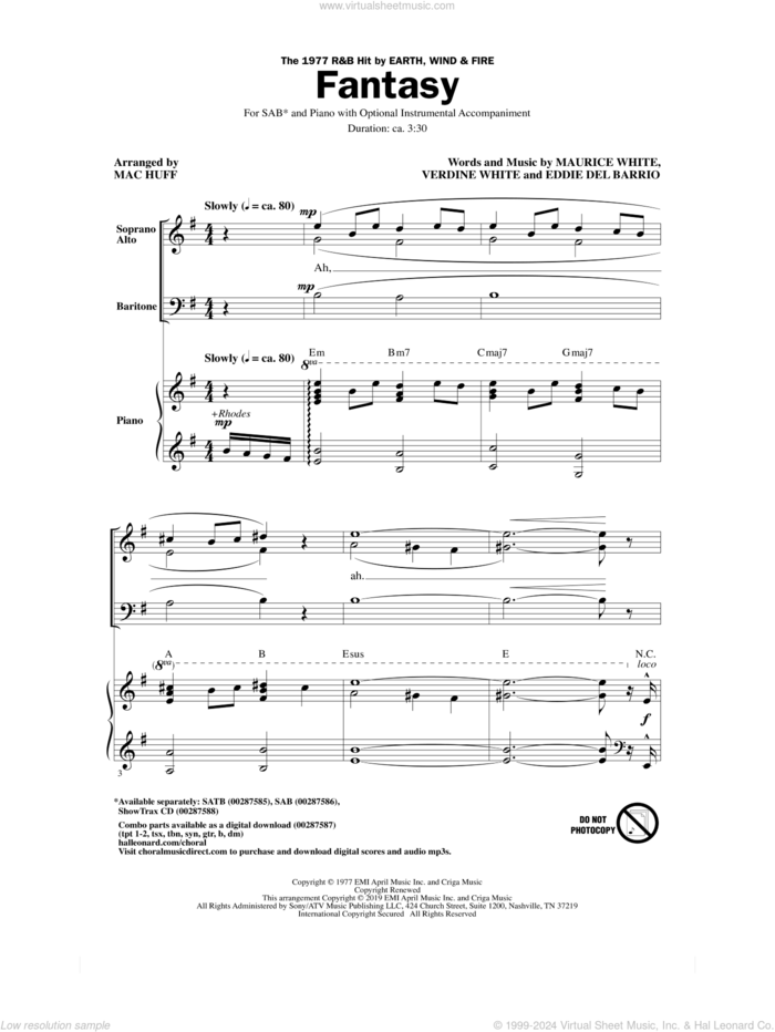 Fantasy (arr. Mac Huff) sheet music for choir (SAB: soprano, alto, bass) by Earth, Wind & Fire, Mac Huff, Eddie Del Barrio, Maurice White and Verdine White, intermediate skill level