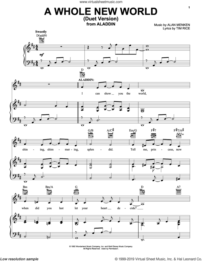 A Whole New World (Duet Version) (from Aladdin) sheet music for voice, piano or guitar by Alan Menken, Howard Ashman, Alan Menken & Tim Rice and Tim Rice, wedding score, intermediate skill level