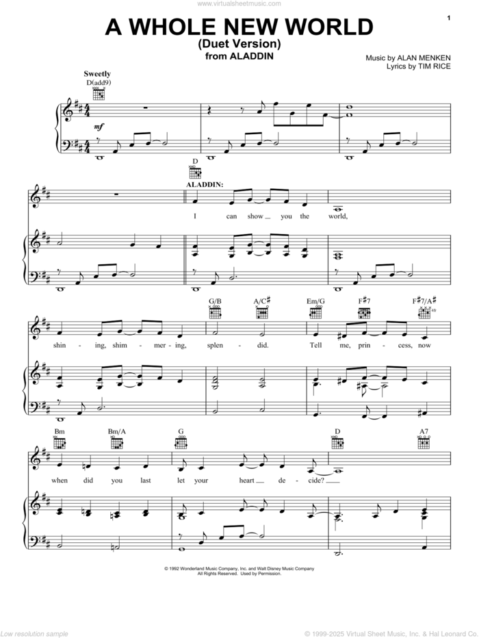 A Whole New World (Duet Version) (from Aladdin) sheet music for voice, piano or guitar by Alan Menken, Howard Ashman, Alan Menken & Tim Rice and Tim Rice, wedding score, intermediate skill level