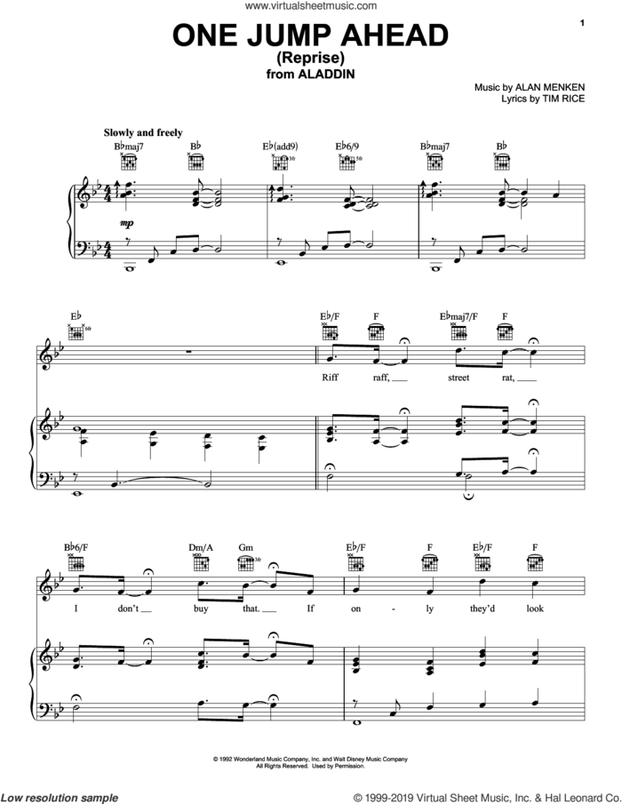 One Jump Ahead (Reprise) (from Aladdin) sheet music for voice, piano or guitar by Alan Menken, Howard Ashman and Tim Rice, intermediate skill level