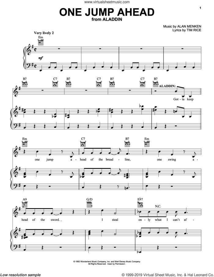 One Jump Ahead (from Aladdin) sheet music for voice, piano or guitar by Alan Menken, Howard Ashman and Tim Rice, intermediate skill level
