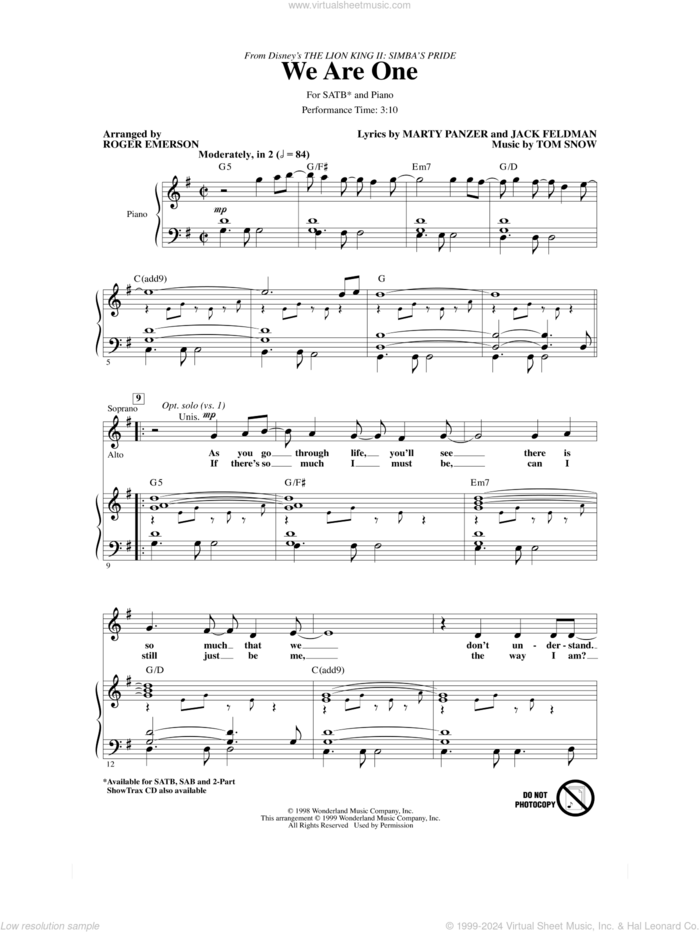 We Are One (from The Lion King II: Simba's Pride) (arr. Roger Emerson) sheet music for choir (SATB: soprano, alto, tenor, bass) by Cam Clarke & Charity Sanoy, Roger Emerson, Jack Feldman, Marty Panzer and Tom Snow, intermediate skill level