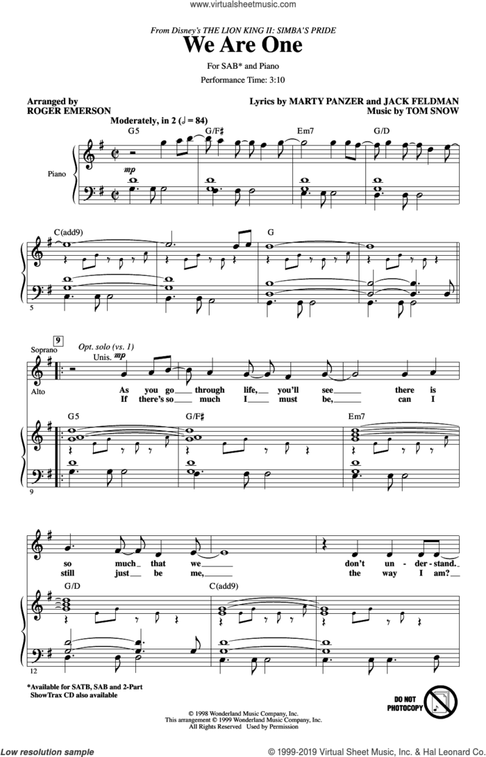 We Are One (from The Lion King II: Simba's Pride) (arr. Roger Emerson) sheet music for choir (SAB: soprano, alto, bass) by Cam Clarke & Charity Sanoy, Roger Emerson, Jack Feldman, Marty Panzer and Tom Snow, intermediate skill level
