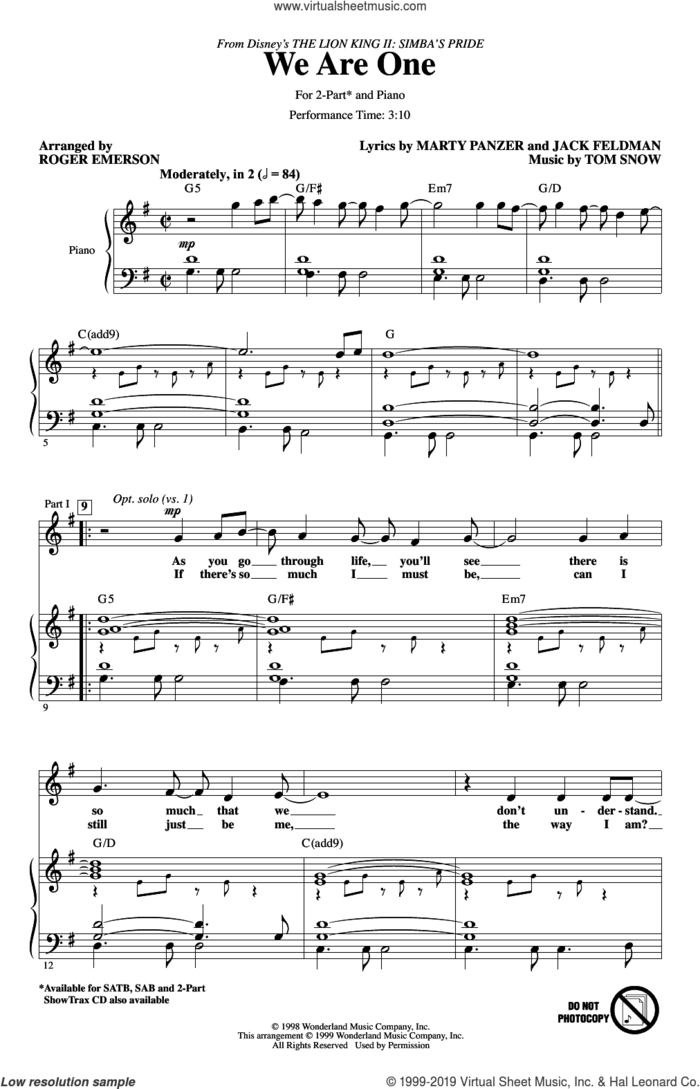 We Are One (from The Lion King II: Simba's Pride) (arr. Roger Emerson) sheet music for choir (2-Part) by Cam Clarke & Charity Sanoy, Roger Emerson, Jack Feldman, Marty Panzer and Tom Snow, intermediate duet