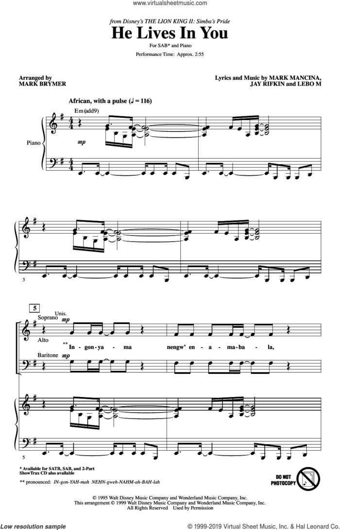 He Lives In You (from The Lion King II: Simba's Pride) (arr. Mark Brymer) sheet music for choir (SAB: soprano, alto, bass) by Mark Mancina, Mark Brymer, Jay Rifkin and Lebo M., intermediate skill level