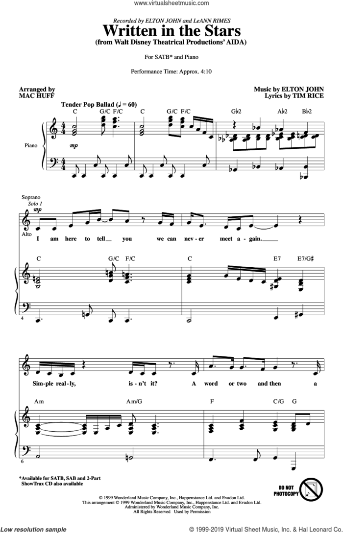 Written In The Stars (from Aida) (arr. Mac Huff) sheet music for choir (SATB: soprano, alto, tenor, bass) by Elton John, Mac Huff, LeAnn Rimes and Tim Rice, intermediate skill level