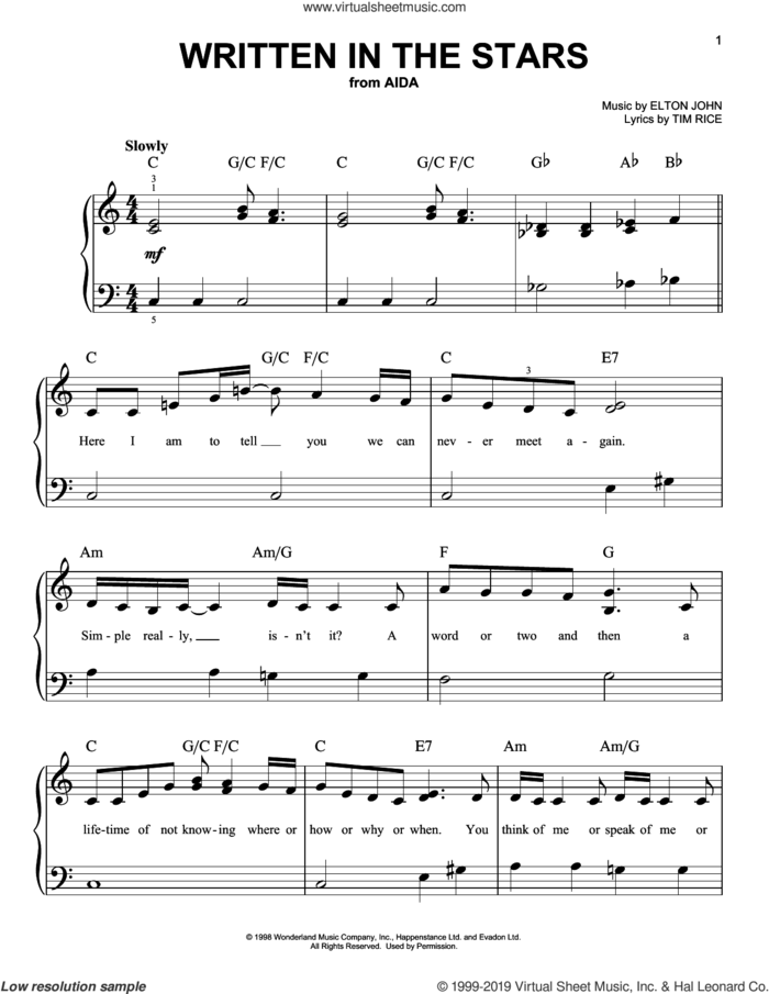 Written In The Stars (from Aida) sheet music for piano solo by Elton John and Tim Rice, beginner skill level