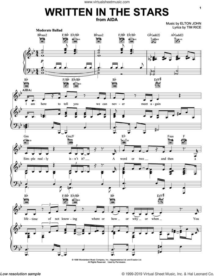Written In The Stars (from Aida) sheet music for voice, piano or guitar by Elton John and Tim Rice, intermediate skill level