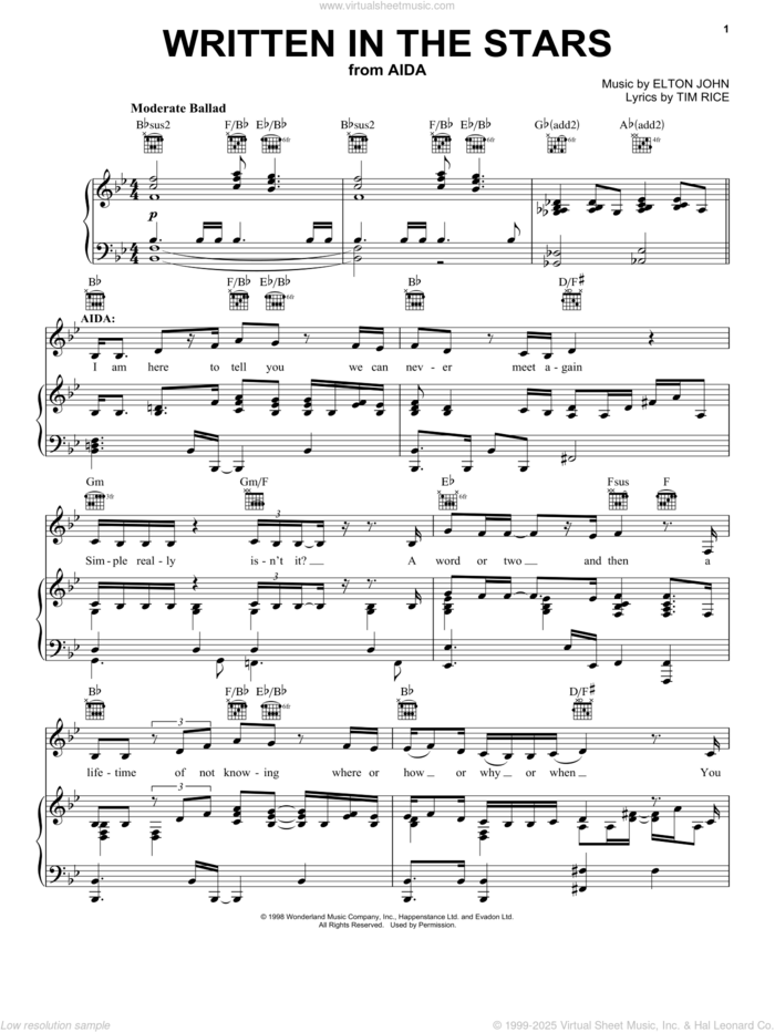 Written In The Stars (from Aida) sheet music for voice, piano or guitar by Elton John and Tim Rice, intermediate skill level