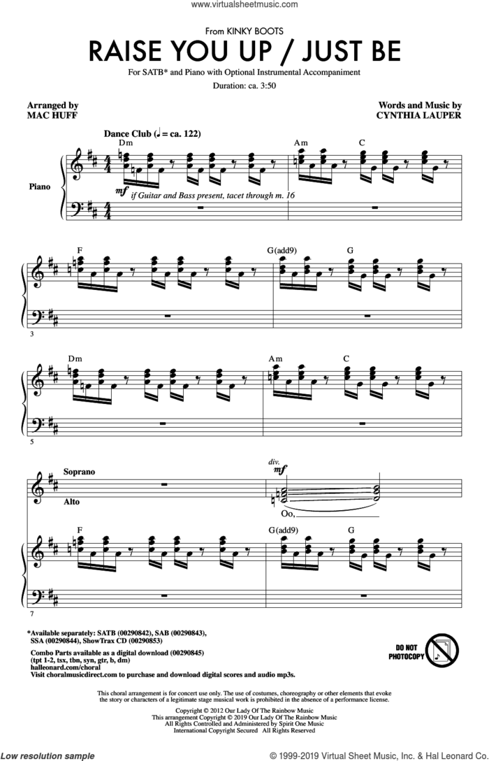 Raise You Up/Just Be (from Kinky Boots) (arr. Mac Huff) sheet music for choir (SATB: soprano, alto, tenor, bass) by Cyndi Lauper and Mac Huff, intermediate skill level