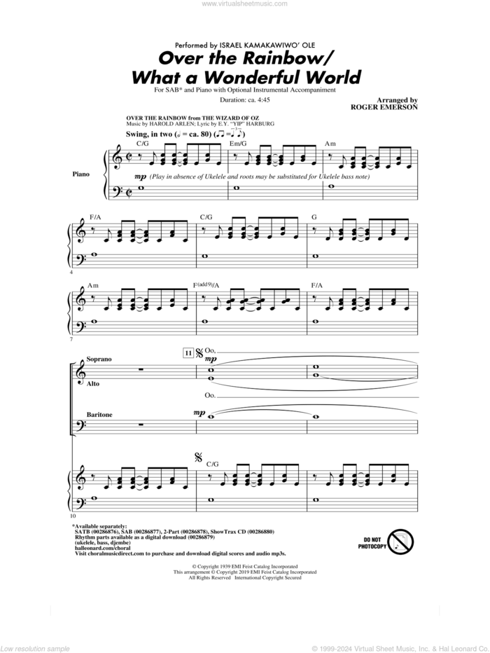 Over The Rainbow/What a Wonderful World (arr. Roger Emerson) sheet music for choir (SAB: soprano, alto, bass) by Harold Arlen, Roger Emerson, Bob Thiele, E.Y. Harburg and George David Weiss, intermediate skill level