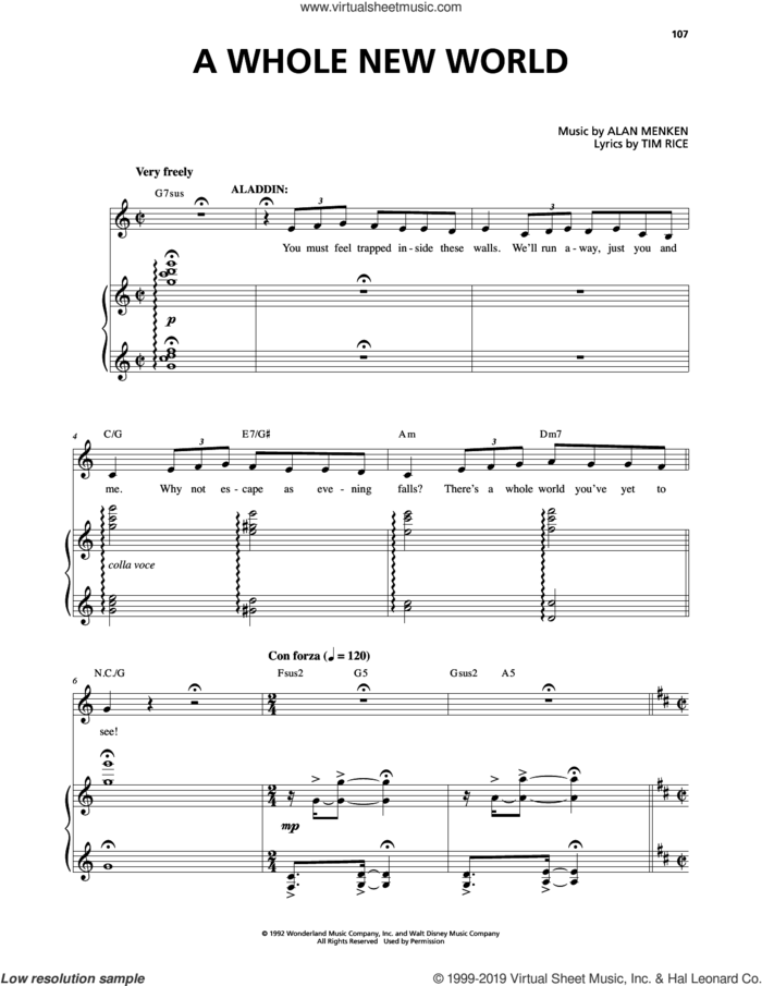 A Whole New World (from Aladdin: The Broadway Musical) sheet music for voice and piano by Alan Menken, Alan Menken & Tim Rice and Tim Rice, wedding score, intermediate skill level