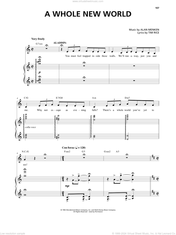 A Whole New World (from Aladdin: The Broadway Musical) sheet music for voice and piano by Alan Menken, Alan Menken & Tim Rice and Tim Rice, wedding score, intermediate skill level