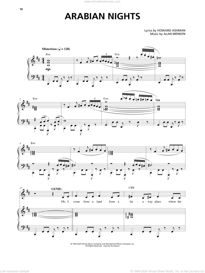 Arabian Nights (from Aladdin: The Broadway Musical) sheet music for voice and piano by Alan Menken and Howard Ashman, intermediate skill level