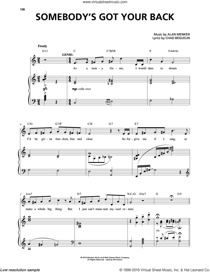 Somebody's Got Your Back (from Aladdin: The Broadway Musical) sheet music for voice and piano by Alan Menken and Chad Beguelin, intermediate skill level