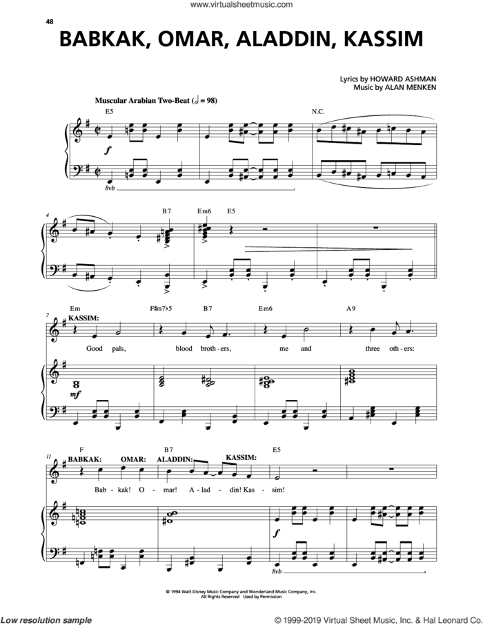 Babkak, Omar, Aladdin, Kassim (from Aladdin: The Broadway Musical) sheet music for voice and piano by Alan Menken and Howard Ashman, intermediate skill level