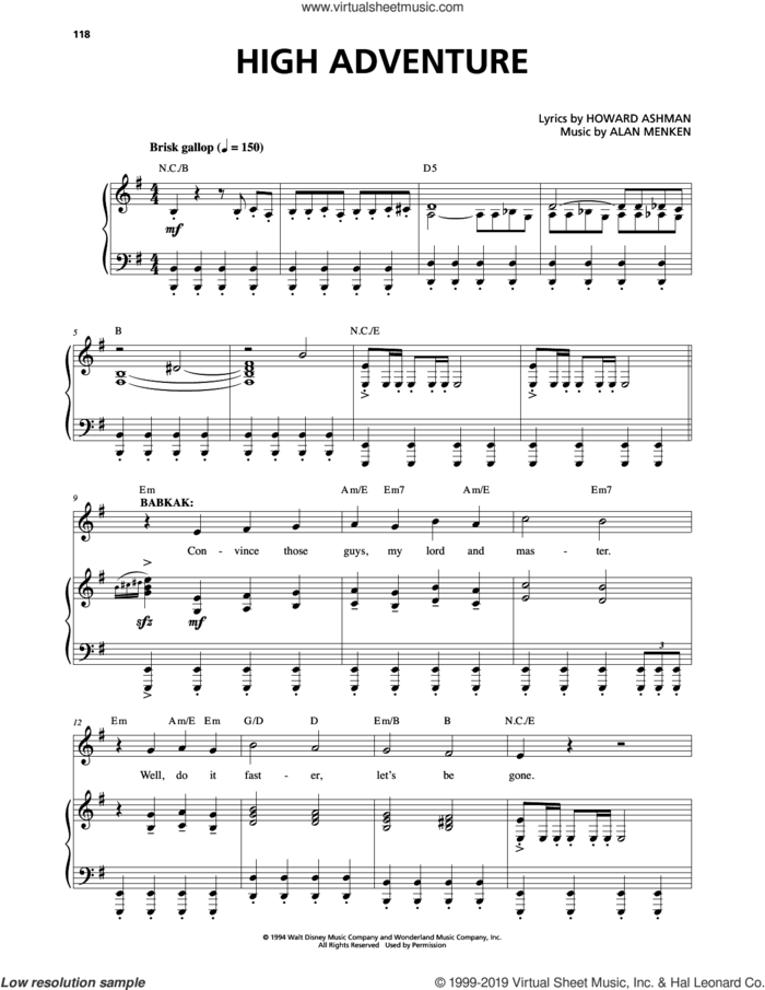 High Adventure (from Aladdin: The Broadway Musical) sheet music for voice and piano by Alan Menken and Howard Ashman, intermediate skill level