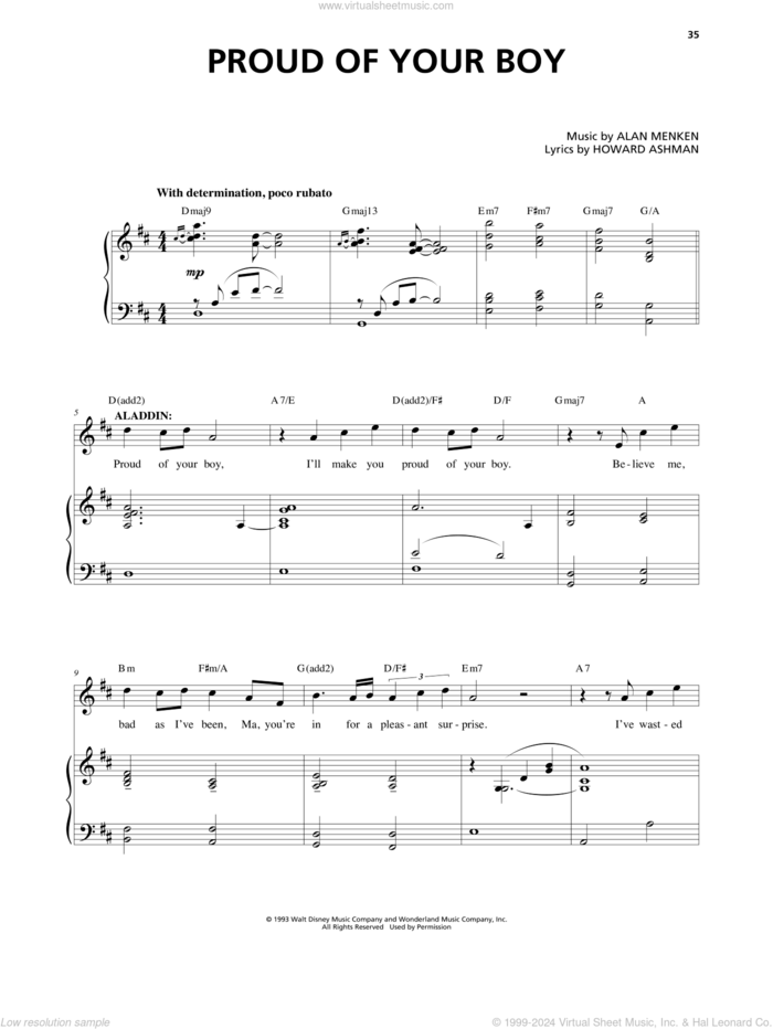 Proud Of Your Boy (from Aladdin: The Broadway Musical) sheet music for voice and piano by Alan Menken and Howard Ashman, intermediate skill level