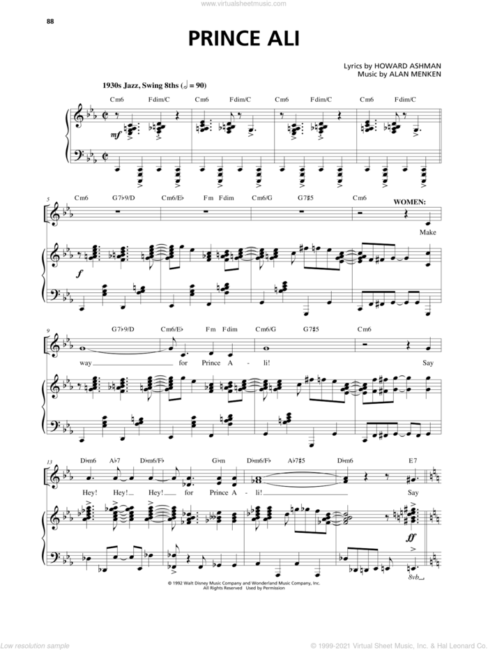 Prince Ali (from Aladdin: The Broadway Musical) sheet music for voice and piano by Alan Menken and Howard Ashman, intermediate skill level