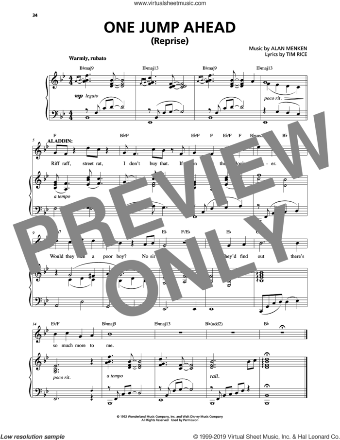 One Jump Ahead (Reprise) (from Aladdin: The Broadway Musical) sheet music for voice and piano by Alan Menken and Tim Rice, intermediate skill level
