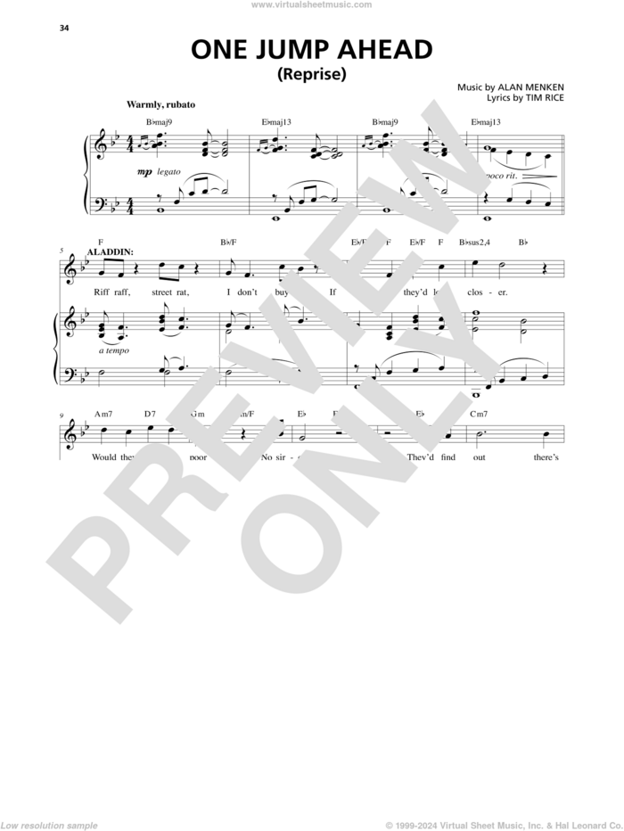 One Jump Ahead (Reprise) (from Aladdin: The Broadway Musical) sheet music for voice and piano by Alan Menken and Tim Rice, intermediate skill level