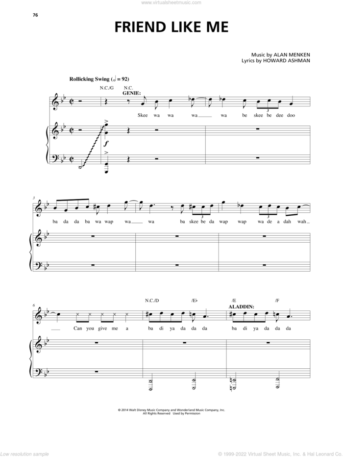 Friend Like Me (Stageplay Version) (from Aladdin: The Broadway Musical) sheet music for voice and piano by Alan Menken, Howard Ashman & Stephen Schwartz, Alan Menken, Howard Ashman and Stephen Schwartz, intermediate skill level