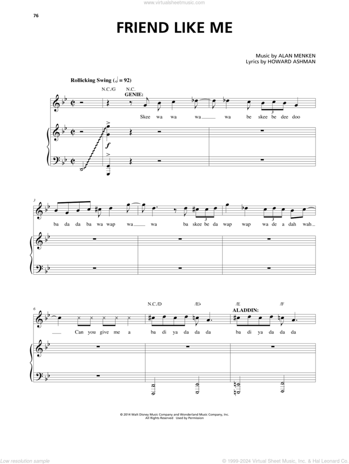 Friend Like Me (Stageplay Version) (from Aladdin: The Broadway Musical) sheet music for voice and piano by Alan Menken, Howard Ashman & Stephen Schwartz, Alan Menken, Howard Ashman and Stephen Schwartz, intermediate skill level