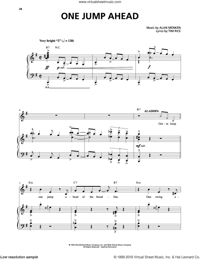 One Jump Ahead (from Aladdin: The Broadway Musical) sheet music for voice and piano by Alan Menken and Tim Rice, intermediate skill level
