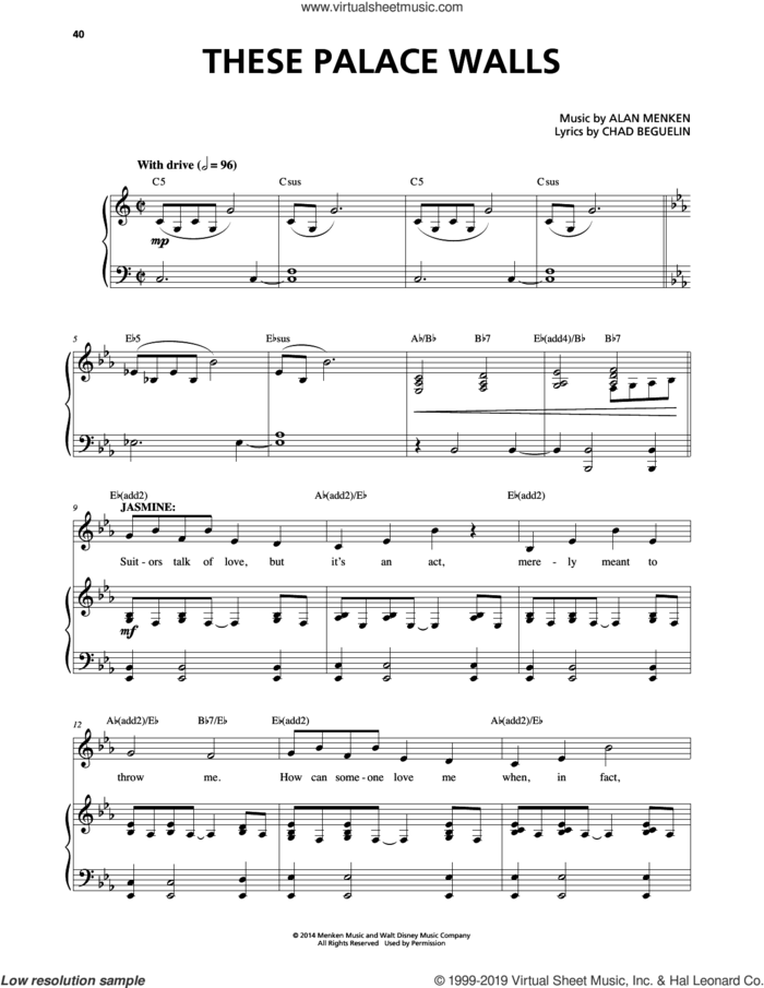 These Palace Walls (from Aladdin: The Broadway Musical) sheet music for voice and piano by Alan Menken and Chad Beguelin, intermediate skill level