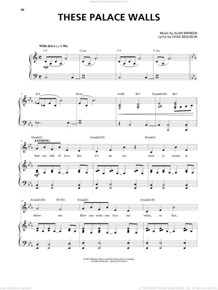 These Palace Walls (from Aladdin: The Broadway Musical) sheet music for voice and piano by Alan Menken and Chad Beguelin, intermediate skill level