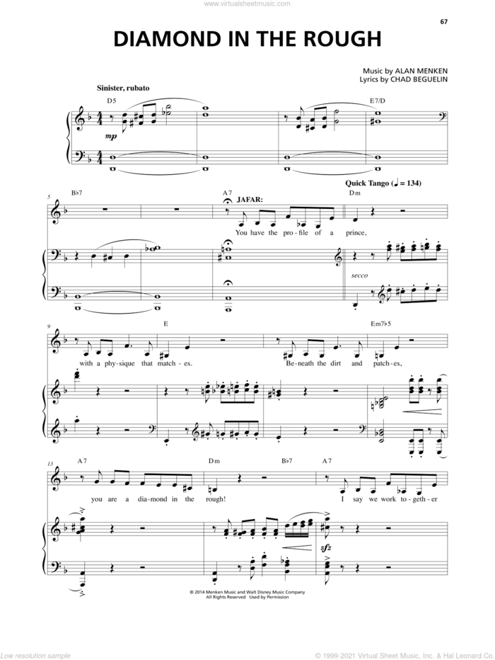 Diamond In The Rough (from Aladdin: The Broadway Musical) sheet music for voice and piano by Alan Menken and Chad Beguelin, intermediate skill level