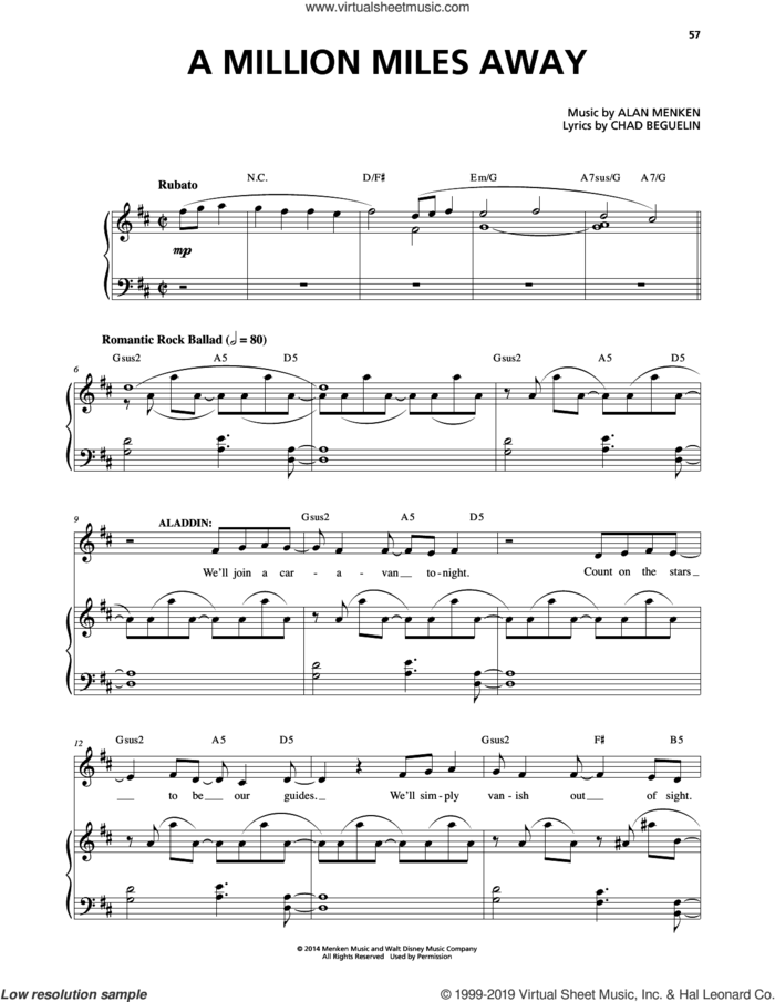 A Million Miles Away (from Aladdin: The Broadway Musical) sheet music for voice and piano by Alan Menken and Chad Beguelin, intermediate skill level